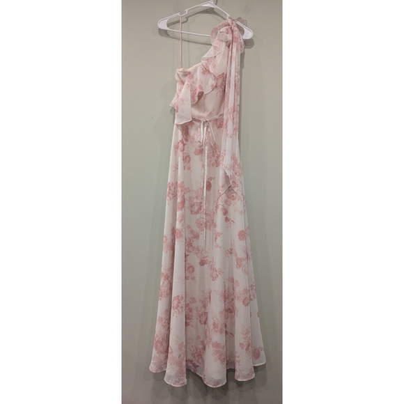 Marchesa Notte Bridesmaid Pink White Floral One Shoulder Flutter Sleeve Dress 6 - Picture 2 of 6